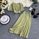 Purpdrank - New Summer Two Piece Set Clothes Women V-neck Ctop Tops + A-line Skirts Suits Ladies Outfit Woman Beach Sexy 2 Piece Sets