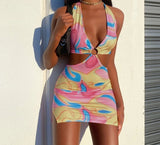 Purpdrank - Tie Dye Printed Mini Bodycon Dress Festival Outfits Party Club For Women Backless Halter Cut Out Sexy Summer Dress