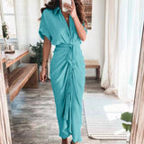 Purpdrank - Women Summer Elegant Button Ruched Bandage Shirt Dress Fashion Casual Short Sleeve Solid V Neck Beach Maxi Dress