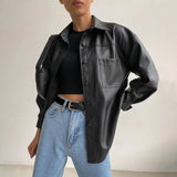Purpdrank - Women Jackets PU Leather Vintage Party Long Sleeve Coat Fashion Button Lapel Neck Casual Outerwear Solid Work Jacket