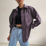 Purpdrank - Women Jackets PU Leather Vintage Party Long Sleeve Coat Fashion Button Lapel Neck Casual Outerwear Solid Work Jacket