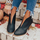 Purpdrank - New Winter Women Boots V Cutout Ankle Boots Stacked Heel Booties Fahsion Chelsea Boots PU Botas Zapatos Mujer SIze 35-43