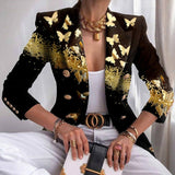 Purpdrank - Autumn Office Lady Elegant Butterfly Print Blazer Coat Fashion Turn-Down Collar Women Outerwear Spring Casual Long Sleeve Jacket