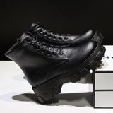Purpdrank - Women Motorcycle Boots Wedges Flat Shoes Woman High Heel Platform PU Leather Boots Lace Up Women Shoes Black Boots Girls