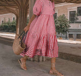 Purpdrank - Summer Dress Women Autumn Short Sleeve  Vintage Plaid Printed Sundress Loose Pleat Mid-Calf Dresses Femme Party Robe