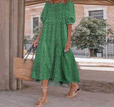 Purpdrank - Summer Dress Women Autumn Short Sleeve  Vintage Plaid Printed Sundress Loose Pleat Mid-Calf Dresses Femme Party Robe