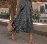 Purpdrank - Summer Dress Women Autumn Short Sleeve  Vintage Plaid Printed Sundress Loose Pleat Mid-Calf Dresses Femme Party Robe