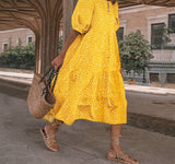 Purpdrank - Summer Dress Women Autumn Short Sleeve  Vintage Plaid Printed Sundress Loose Pleat Mid-Calf Dresses Femme Party Robe
