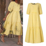 Purpdrank - Summer Dress Women Autumn Short Sleeve  Vintage Plaid Printed Sundress Loose Pleat Mid-Calf Dresses Femme Party Robe