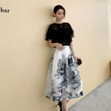 Purpdrank - Chiffon Printed 2 Pieces Women Skirts Sets Summer New Ruffles T-Shirts And A-Line Skirts Elegant Office Lady Clothing Suits