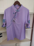 Purpdrank - New Chinese Style Retro Cotton and Linen Shirt Women Spring Summer Chinese Stand-up Collar Button Blouse Embroidered Tea Service