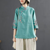 Purpdrank - New Chinese Style Retro Cotton and Linen Shirt Women Spring Summer Chinese Stand-up Collar Button Blouse Embroidered Tea Service