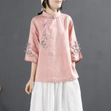 Purpdrank - New Chinese Style Retro Cotton and Linen Shirt Women Spring Summer Chinese Stand-up Collar Button Blouse Embroidered Tea Service