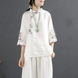 Purpdrank - New Chinese Style Retro Cotton and Linen Shirt Women Spring Summer Chinese Stand-up Collar Button Blouse Embroidered Tea Service