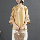 Purpdrank - New Chinese Style Retro Cotton and Linen Shirt Women Spring Summer Chinese Stand-up Collar Button Blouse Embroidered Tea Service
