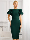 Purpdrank - New Summer Green O Neck Midi Bandage Dress For Women Sexy Ruffles Short Sleeve Hot Celebrity Club Evening Party Dress