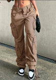 Purpdrank - Khaki Solid Baggy Cargo Pants Women Low Waist Mom Jeans Vintage 90s Grunge Streetwear Casual Hippie Denim Trousers