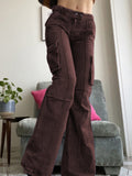 Purpdrank - Khaki Solid Baggy Cargo Pants Women Low Waist Mom Jeans Vintage 90s Grunge Streetwear Casual Hippie Denim Trousers