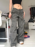 Purpdrank - Khaki Solid Baggy Cargo Pants Women Low Waist Mom Jeans Vintage 90s Grunge Streetwear Casual Hippie Denim Trousers