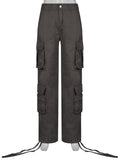 Purpdrank - Khaki Solid Baggy Cargo Pants Women Low Waist Mom Jeans Vintage 90s Grunge Streetwear Casual Hippie Denim Trousers