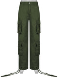 Purpdrank - Khaki Solid Baggy Cargo Pants Women Low Waist Mom Jeans Vintage 90s Grunge Streetwear Casual Hippie Denim Trousers