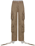 Purpdrank - Khaki Solid Baggy Cargo Pants Women Low Waist Mom Jeans Vintage 90s Grunge Streetwear Casual Hippie Denim Trousers