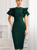 Purpdrank - New Summer Green O Neck Midi Bandage Dress For Women Sexy Ruffles Short Sleeve Hot Celebrity Club Evening Party Dress
