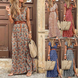 Purpdrank - Summer Boho Long Dress Women Casual Paisley Print Belt Maxi Dress Elegant V Neck Short Sleeve Women's Beach Dress Vestidos