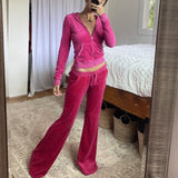 Purpdrank - Y2K Aesthetic Velvet Tracksuit Zip Up Cropped Hoodie Jacket and Low Waist Pants Two Piece Sets Women Casual Autumn Co-ord Suit