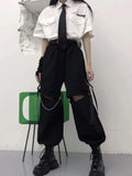 Purpdrank - Gothic Streetwear Women's Cargo Pants with Chain Punk Techwear Black Oversize Korean Fashion Wide Leg Trousers