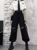 Purpdrank - Gothic Streetwear Women&#39;s Cargo Pants with Chain Punk Techwear Black Oversize Korean Fashion Wide Leg Trousers