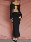 Purpdrank - Elegant Fashion Long Sleeve See Through Cutout Cropped Cardigan Maxi Skirt 2 Pieces Sets Outfits Women Dress Sets