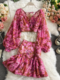 Purpdrank - Sexy Chiffon Two Piece Set Women Spring Autumn Elegant V-Neck Long Sleeve Short Tops + Ruffle Mini Skirt Female Printed Suit New