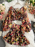 Purpdrank - Sexy Chiffon Two Piece Set Women Spring Autumn Elegant V-Neck Long Sleeve Short Tops + Ruffle Mini Skirt Female Printed Suit New