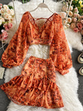 Purpdrank - Sexy Chiffon Two Piece Set Women Spring Autumn Elegant V-Neck Long Sleeve Short Tops + Ruffle Mini Skirt Female Printed Suit New