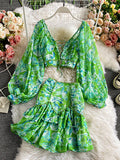 Purpdrank - Sexy Chiffon Two Piece Set Women Spring Autumn Elegant V-Neck Long Sleeve Short Tops + Ruffle Mini Skirt Female Printed Suit New
