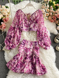 Purpdrank - Sexy Chiffon Two Piece Set Women Spring Autumn Elegant V-Neck Long Sleeve Short Tops + Ruffle Mini Skirt Female Printed Suit New