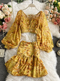 Purpdrank - Sexy Chiffon Two Piece Set Women Spring Autumn Elegant V-Neck Long Sleeve Short Tops + Ruffle Mini Skirt Female Printed Suit New