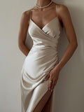 Purpdrank - Women‘s Satin Dress Midi Dress Champagne Sleeveless Pure Color Split Ruched Spring Summer V Neck Stylish Elegant Sexy S M L XL