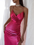 Purpdrank - Women‘s Satin Dress Midi Dress Champagne Sleeveless Pure Color Split Ruched Spring Summer V Neck Stylish Elegant Sexy S M L XL