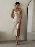 Purpdrank - Women‘s Satin Dress Midi Dress Champagne Sleeveless Pure Color Split Ruched Spring Summer V Neck Stylish Elegant Sexy S M L XL