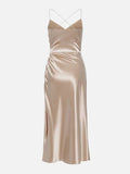 Purpdrank - Women‘s Satin Dress Midi Dress Champagne Sleeveless Pure Color Split Ruched Spring Summer V Neck Stylish Elegant Sexy S M L XL