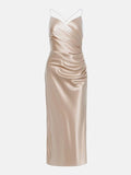 Purpdrank - Women‘s Satin Dress Midi Dress Champagne Sleeveless Pure Color Split Ruched Spring Summer V Neck Stylish Elegant Sexy S M L XL