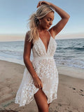 Purpdrank - Women's Party Dress Lace Dress White Dress Mini Dress White Sleeveless Pure Color Lace Summer Spring Deep V Romantic Vacation 2023 S M L XL
