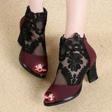 Purpdrank - Women's Boots Sandals Boots Summer Boots Booties Ankle Boots Lace Chunky Heel Peep Toe Vintage Business Sexy Lace Zipper Floral Color Block Black Burgundy
