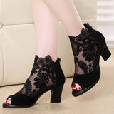 Purpdrank - Women's Boots Sandals Boots Summer Boots Booties Ankle Boots Lace Chunky Heel Peep Toe Vintage Business Sexy Lace Zipper Floral Color Block Black Burgundy
